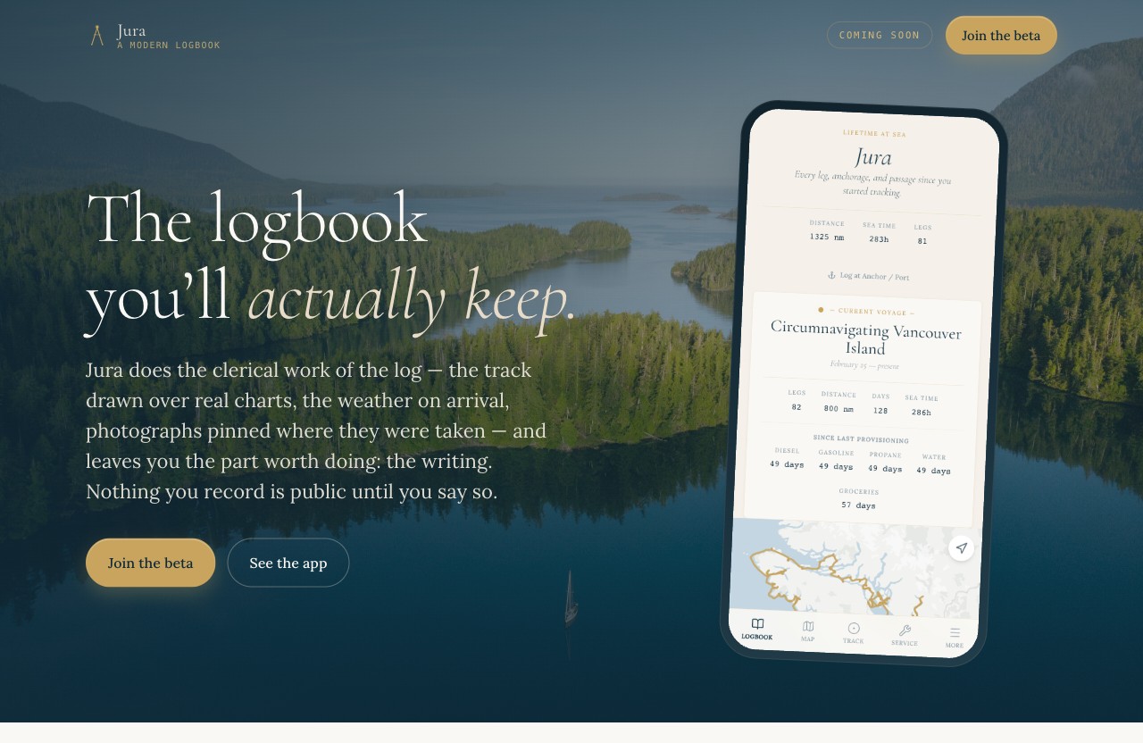 juralog.app — 'The logbook you'll actually keep' set over a still fjord, with the app open on a phone