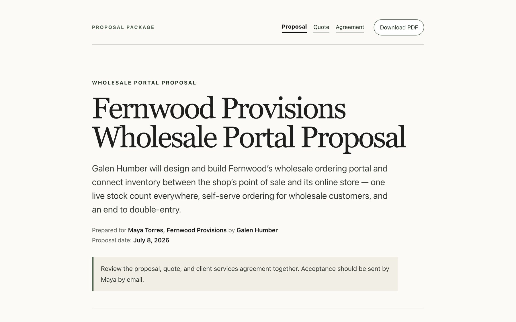 A proposal page — serif headline over a calm cream ground, with proposal, quote, and agreement tabs